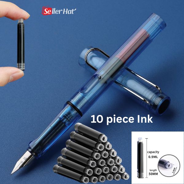 Transparent Blue Fountain Pen with 10 Piece Ink Cartridge Set